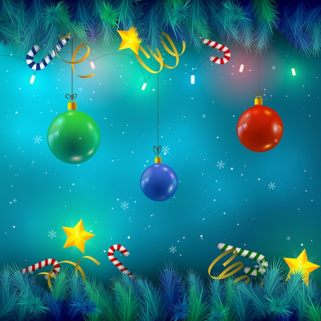 Shining colorful baubles on background with christmas tree branches and stars flat vector illustration