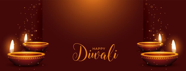 Shinny happy diwali banner with realistic oil diya in brown background