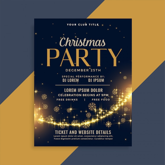 Shiny christmas golden sparkles party flyer design template