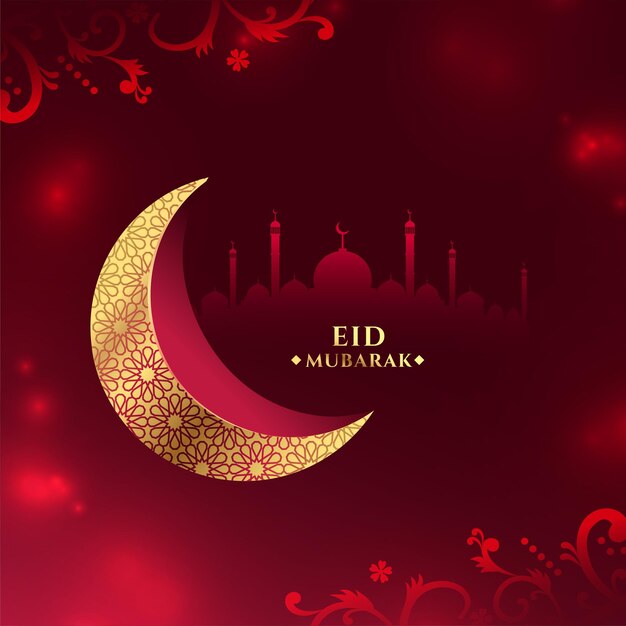 Shiny eid mubarak wishes card with crescent and moon