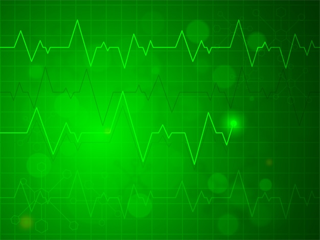 光沢のある緑色の心拍パルスまたは心電図デザイン、健康および医療概念の創造的な背景。