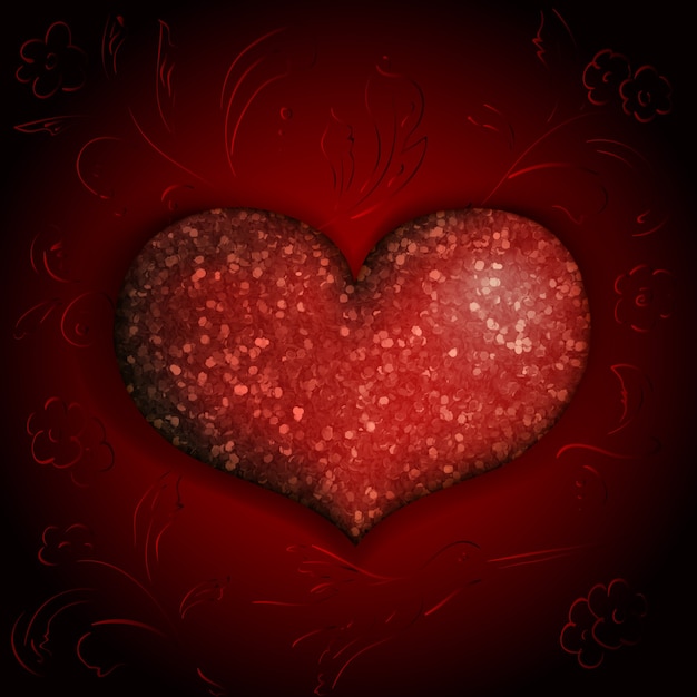 Free vector shiny heart on burgundy background with flowers and birds