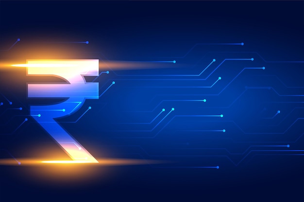 Free vector shiny indian rupee digital currency background with circuit lines