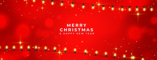 Free vector shiny merry christmas red bokeh banner with light string