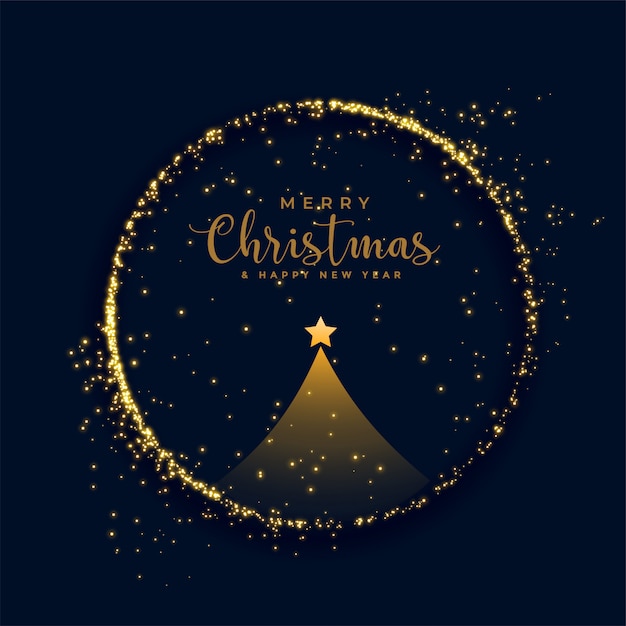 Shiny merry christmas tree golden particles background