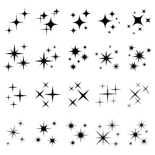 Shiny sparks silhouettes. twinkle star particles, glitter sparkles and magic sparkle isolated silhouette  icons set