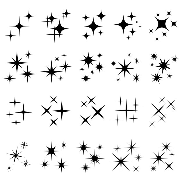 Shiny sparks silhouettes. twinkle star particles, glitter sparkles and magic sparkle isolated silhouette  icons set