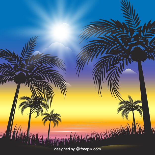 Shiny summer background with palm tree silhouettes