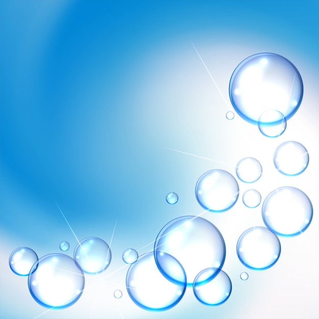 青色の背景に光沢のある水の泡の背景