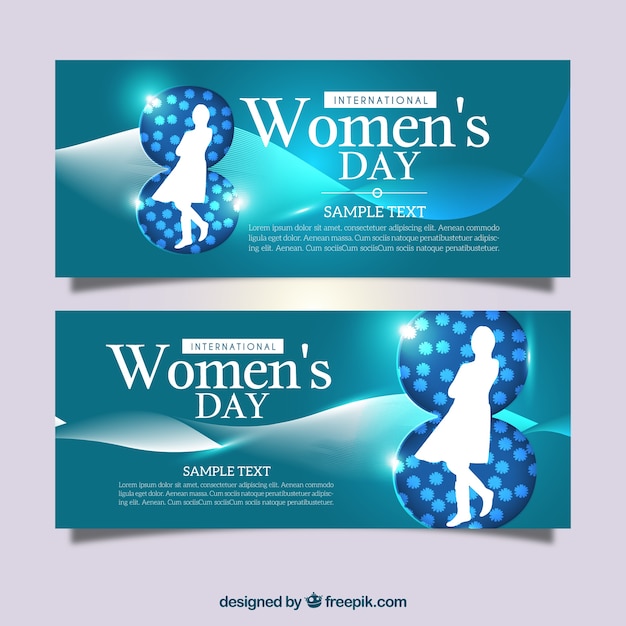 Shiny women's day banners with wavy forms and silhouettes