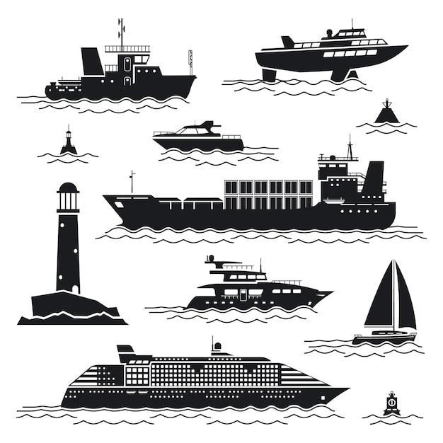 船とボートのセット。ライナーとコンテナ、貨物船とブイ、灯台とヨット