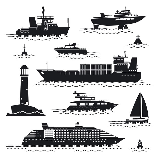Набор кораблей и лодок. Лайнер и контейнер, грузовое судно и буй, маяк и яхта