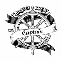 Free vector ship insignia vector illustration. vintage wooden rudder with pirate crew captain text.