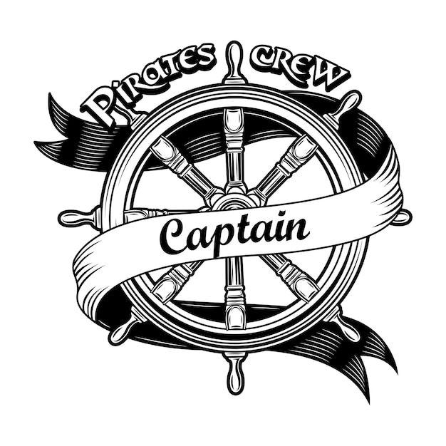 Ship insignia vector illustration. Vintage wooden rudder with pirate crew captain text.