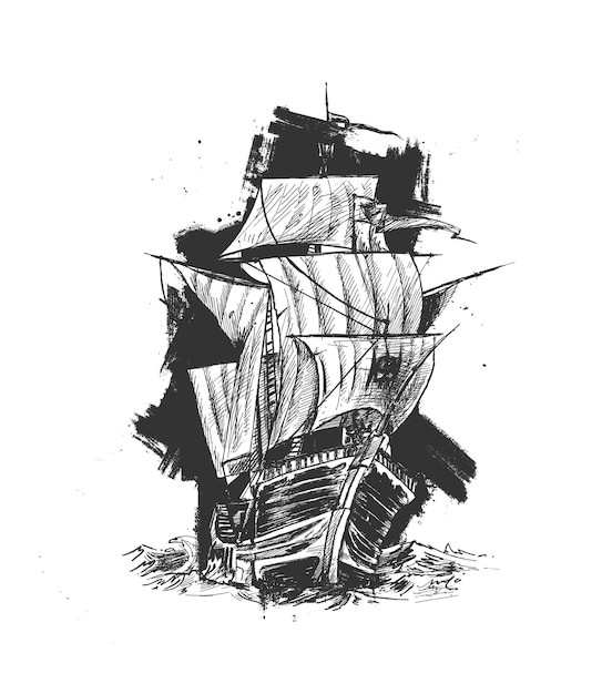 Ship with sails grunge poster design