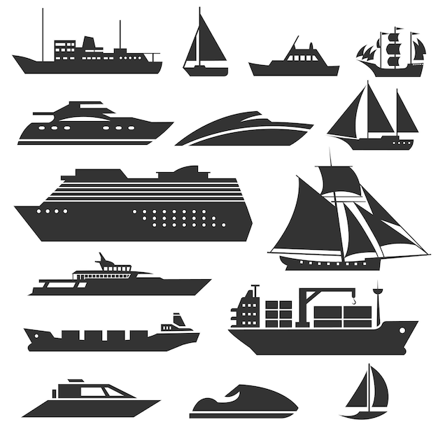 선박 및 보트. 바지선, 유람선, 선박 및 낚시 보트 표지판. 해양 차량 그림의 검은 실루엣