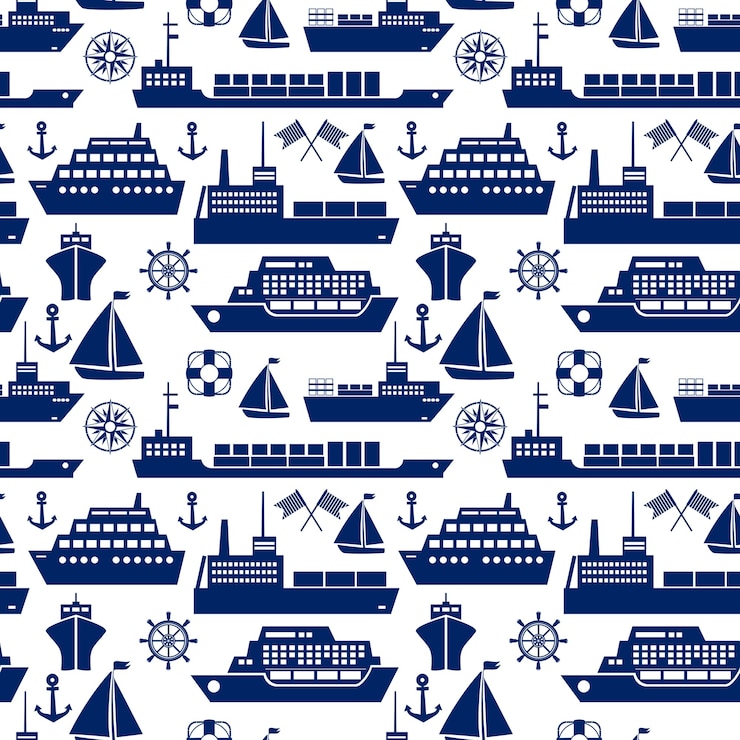 Free Vector ships and boats marine seamless background pattern with silhouette vector icons of a cruise liner  yacht  sailboat  container ship  tanker  freighter  anchor  semaphore flags  ships wheel  square