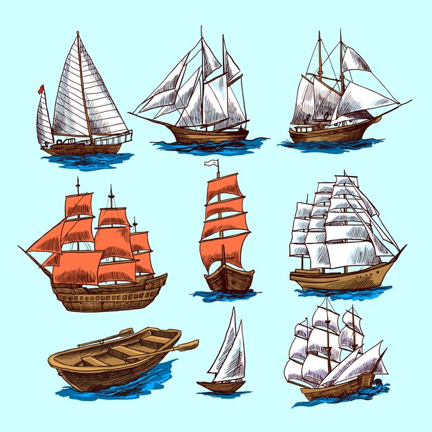 Ships and boats sketch set