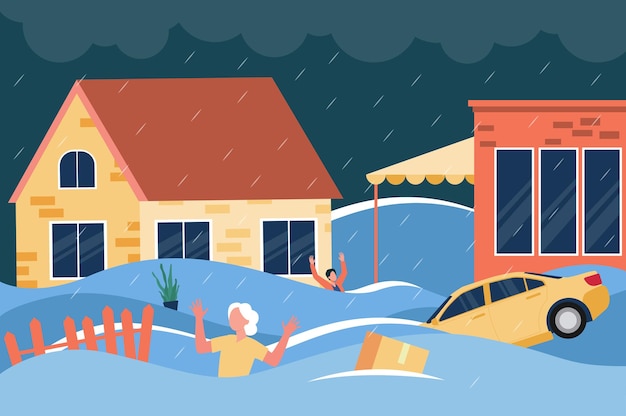 Free vector shocked people waving hands and calling for help waist deep in water between houses, floating cars and boxes