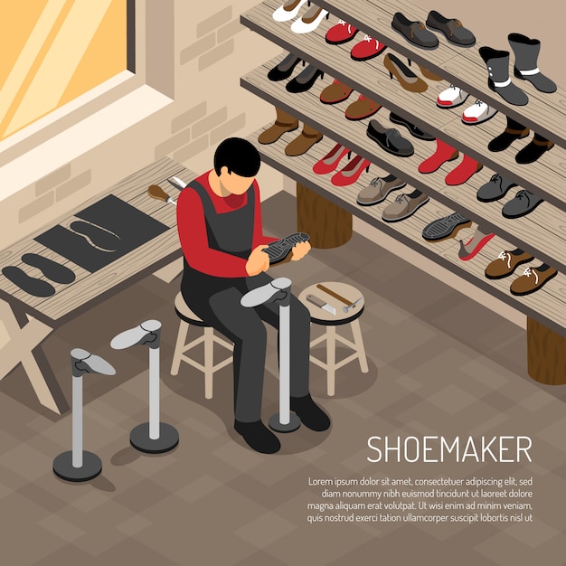 Shoe maker during work on  of shelves with foot wear isometric
