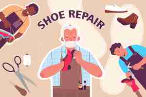 Free vector shoe repair flat collage composition with isolated colored tools shoes shoe repairmen vector illustration