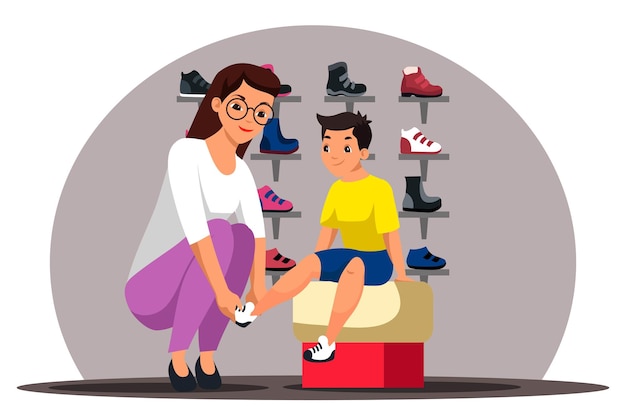 Сцена из обувного магазина мама выбирает новые сапоги или кроссовки для своего сына ребенок примеряет обувь в отделе с детским ассортиментом товаров