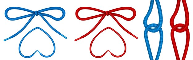 Shoelaces tied in knot and bow, shoe ropes in heart shape and hinge.