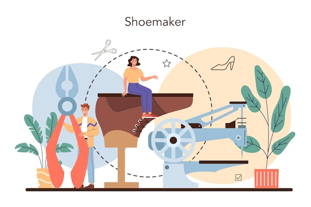 Vettore gratuito concetto di calzolaio artigiano che indossa una scarpa da rammendo grembiule scarpe fatte a mano che producono professione di calzolaio illustrazione vettoriale isolata