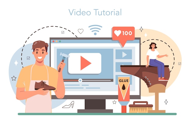 Онлайн-сервис или платформа сапожника ремесленник в починке обуви профессия сапожника по производству обуви ручной работы видеоурок векторная плоская иллюстрация