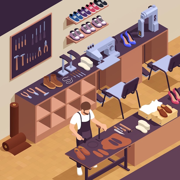 shoes and footwear production with shoemaker workplace symbols isometric illustration