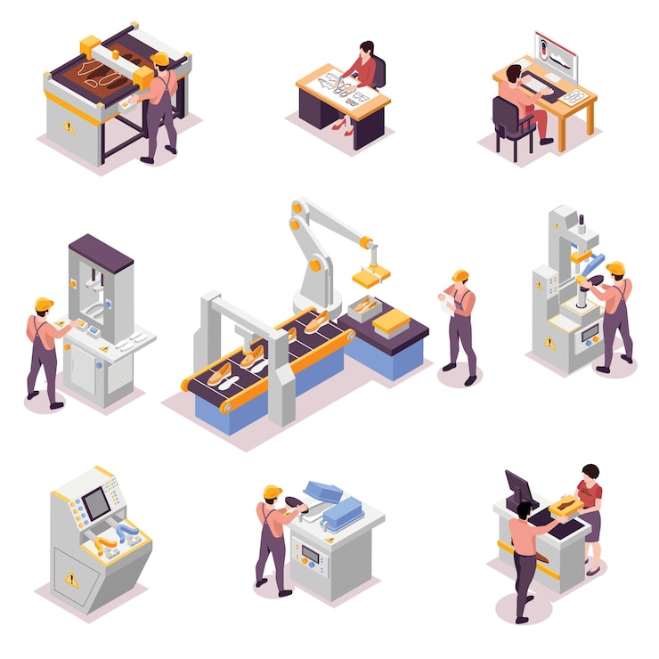 Free Vector shoes production set with factory symbols isometric isolated  vector illustration