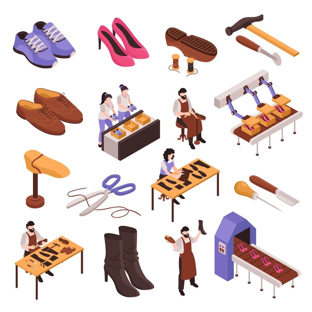 Shoes repair manufacturing process isometric set with shoemaker traditional craftsman tools modern footwear production line vector illustration
