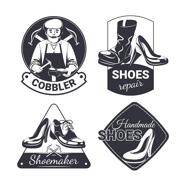 Set di emblema piatto per servizio di riparazione scarpe con quattro loghi in stile vintage monocromatico isolati per illustrazione vettoriale di officina di calzolai