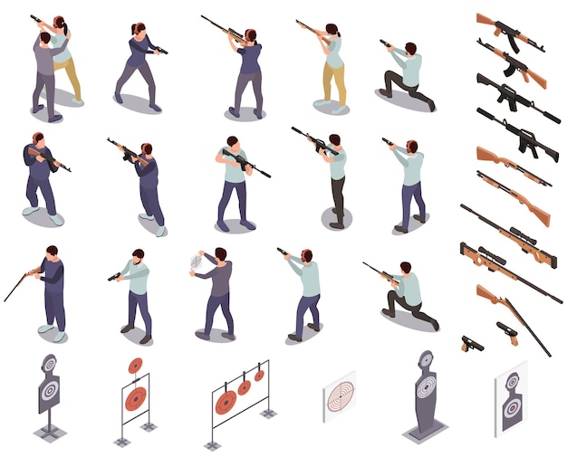 Free vector shooting range set with automatic and assault rifle symbols isometric isolated vector illustration