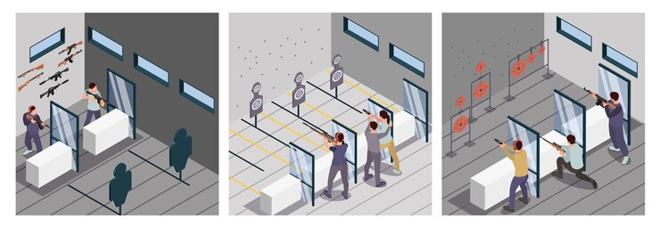 Free Vector shooting range set with firearm club symbols isometric isolated vector illustration