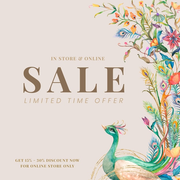 Free vector shop ad template with watercolor peacocks and flowers illustration with limited time offer sale text