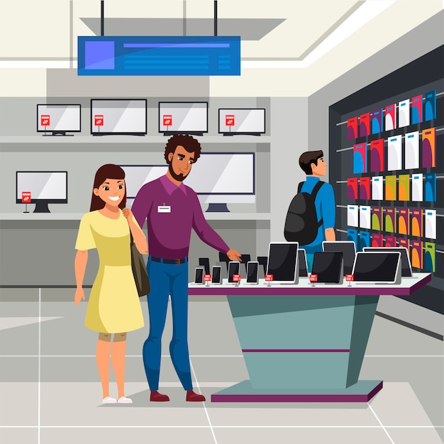 Бесплатное векторное изображение Продавец показывает телефон покупателю в магазине электроники