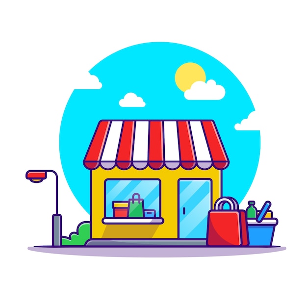 Free vector shop cart and shop building cartoon