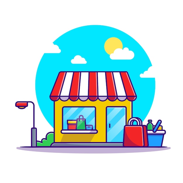 Shop Cart And Shop Building Cartoon