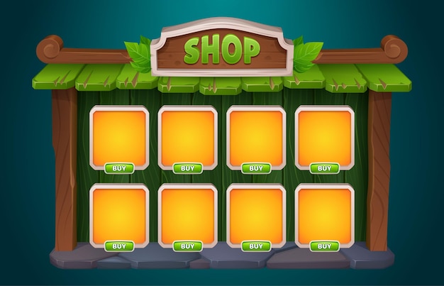 Free vector shop game interface design cartoon vector illustration wooden frame with card for item and button with price user interface template for rpg store wood menu window for selling props and artifacts