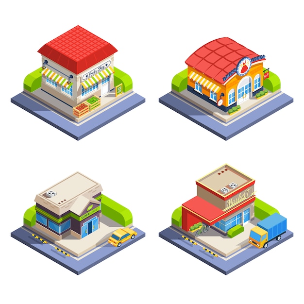 Free vector shop isometric buildings set