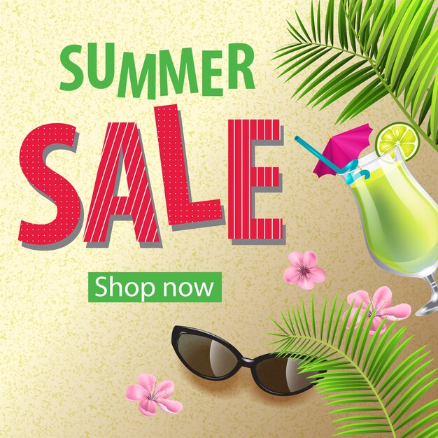 今すぐ買う、ピンクの花、サングラス、モヒートカクテルの夏のセールポスター