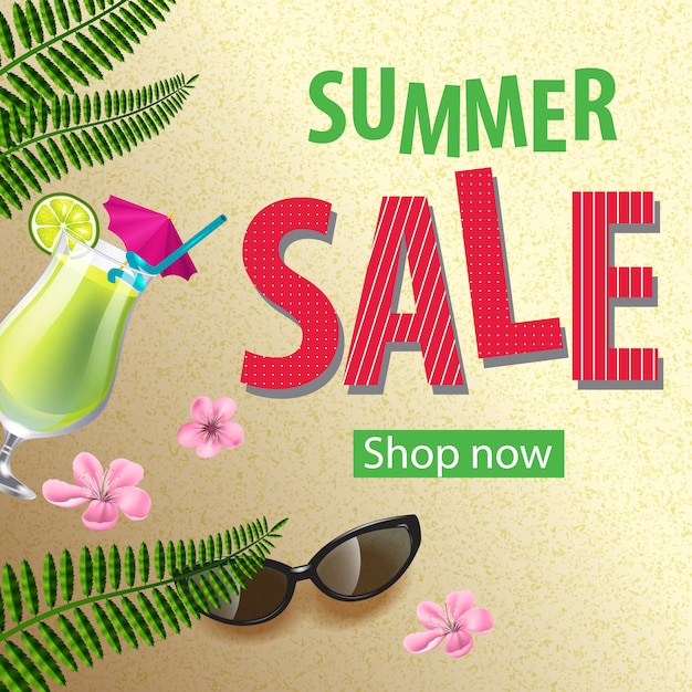 Shop now summer sale poster with pink flowers, sunglasses, mojito and tropical leaves.