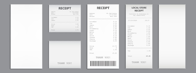 Shop receipts, paper cash checks with barcode.