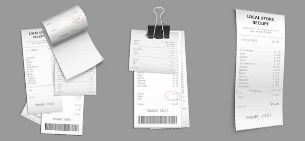 Shop receipts, paper cash checks with barcode.