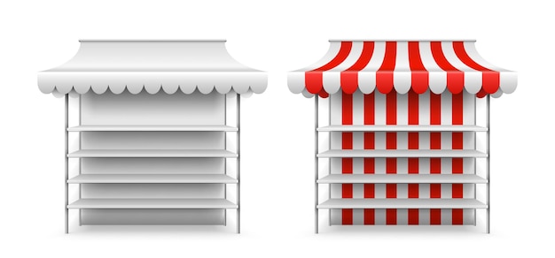 Shop stall mockup. isolated 3d market awning, fair vendor. realistic empty stand with shelves, street kiosk or storefront. grocery counter vector illustration. stand stall for sell, awning retail