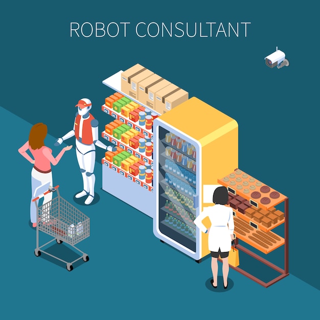 Shop technology isometric  with buyers and robot consultant in store of future interior 