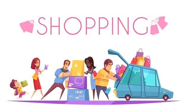 Shopaholic  with text and view of cartoon people characters putting colourful boxes into the car