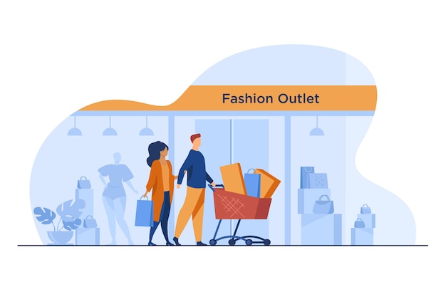 Free vector shoppers walking past fashion outlet window. customers wheeling cart with bags and packages flat vector illustration. consumerism, purchase concept