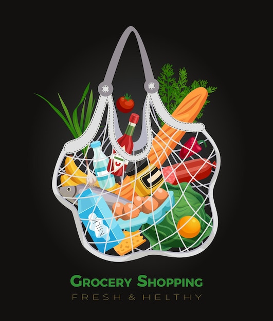 Free vector shopping bag basket composition with editable text and grocery goods inside string bag with flexible net